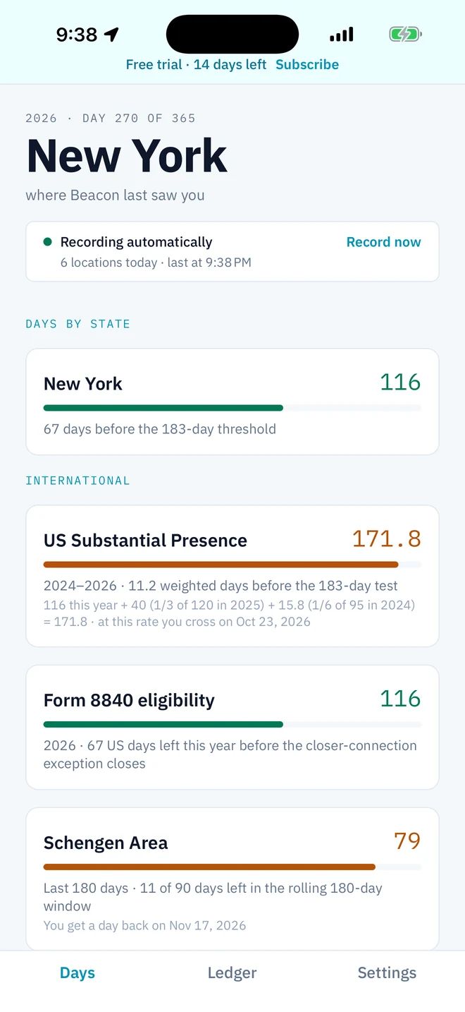 SpyglassBeacon on iPhone: Schengen 90/180 and the UK tax year, counted automatically