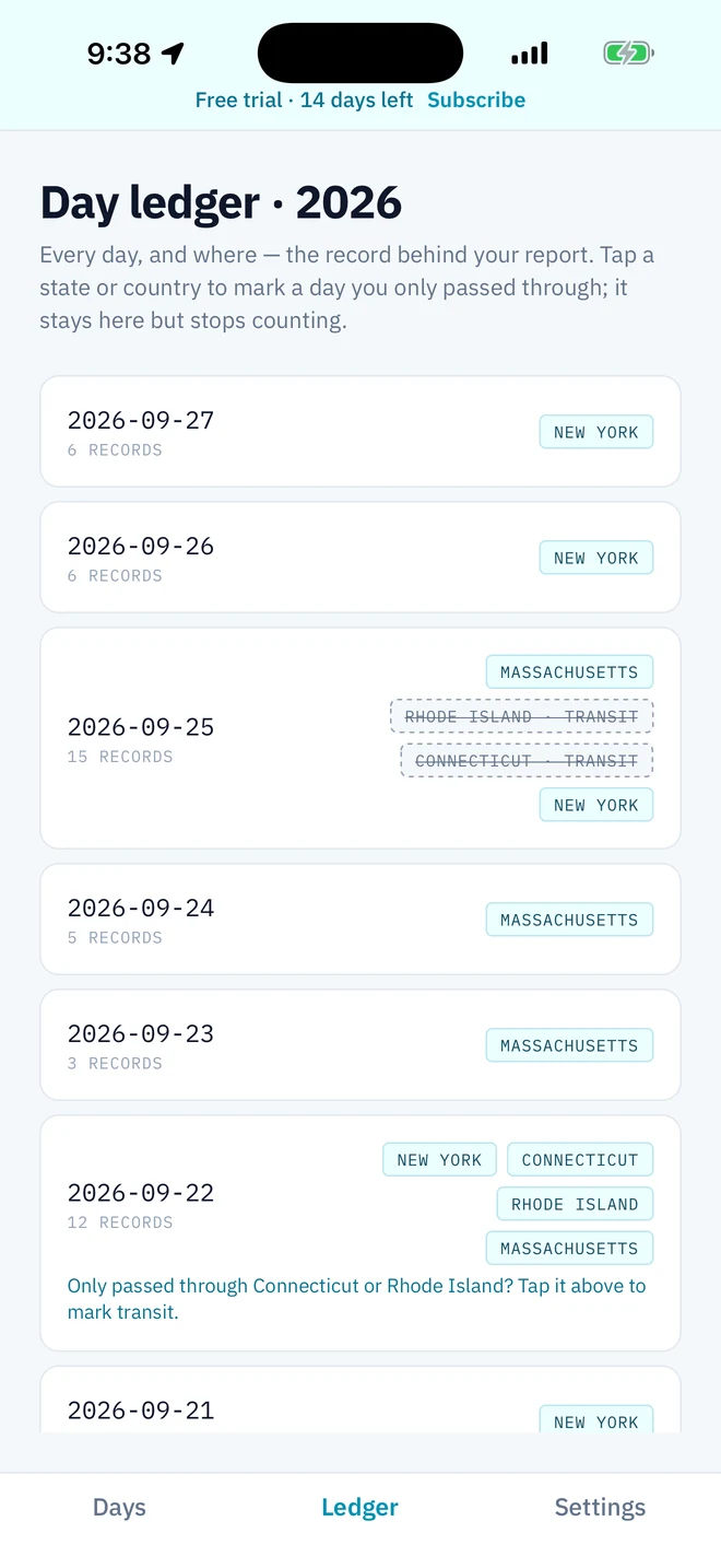 SpyglassBeacon on iPhone: The day-by-day ledger, drive-through states marked as transit
