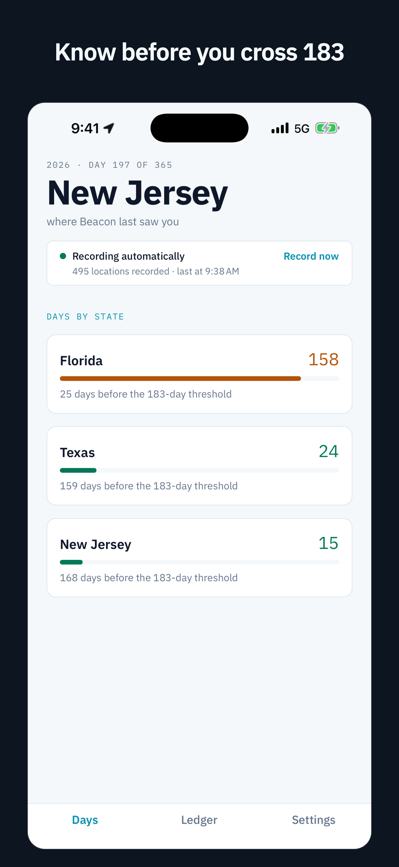 Live day count per state, with a warning as a threshold nears