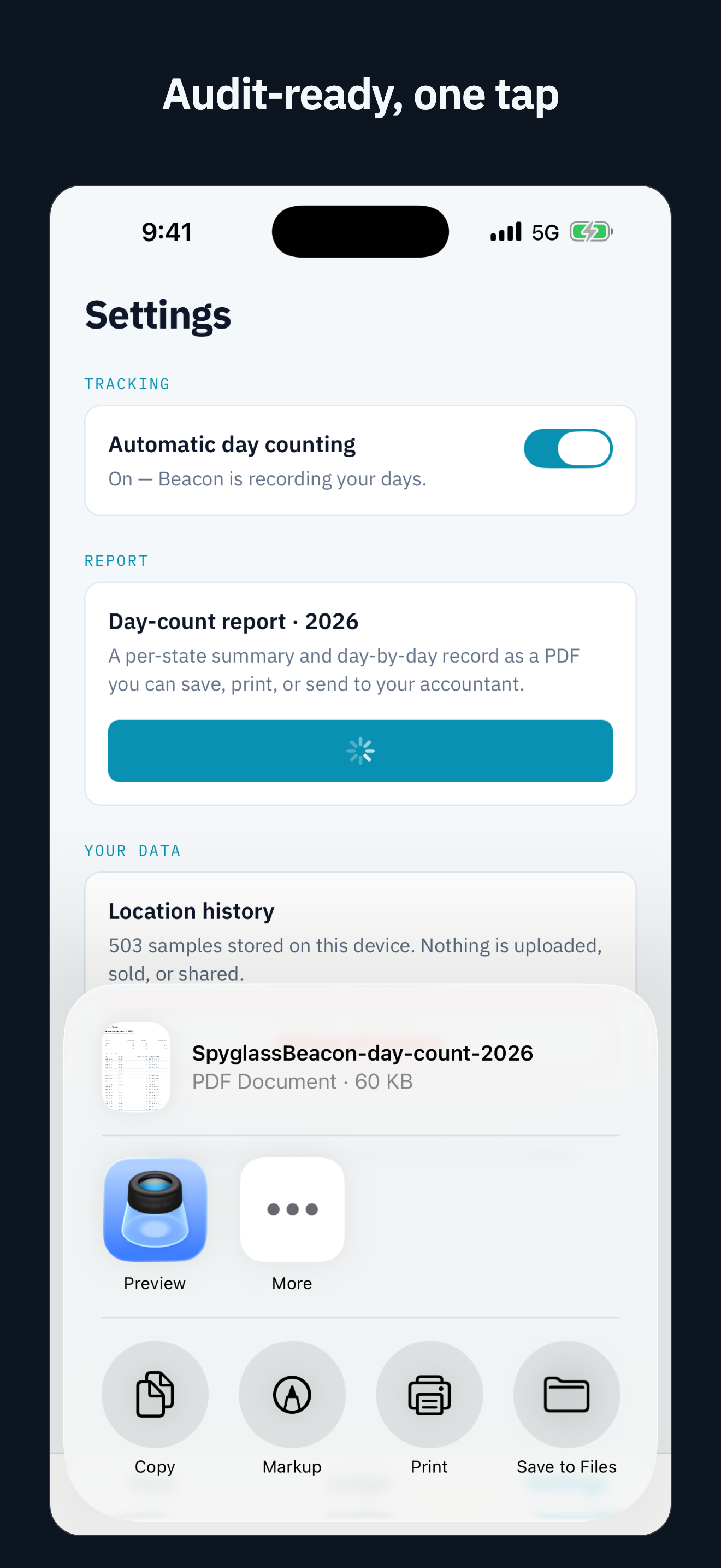 One-tap audit-ready PDF export